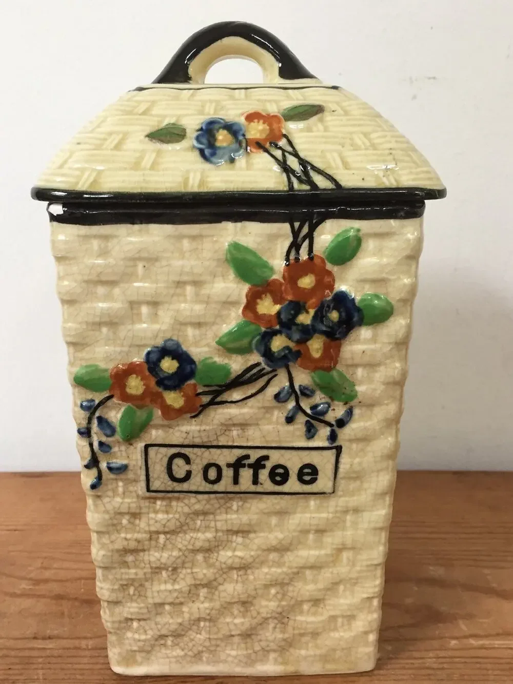 Vtg Hotta Yu Shoten Japanese Basketweave Majolica Coffee Kitchen Canister Jar
